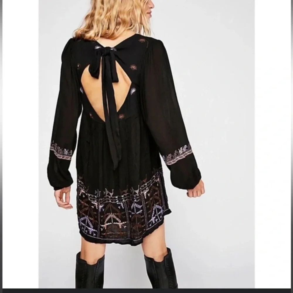 Free People Black Embroidered Open-Back Mini Dress